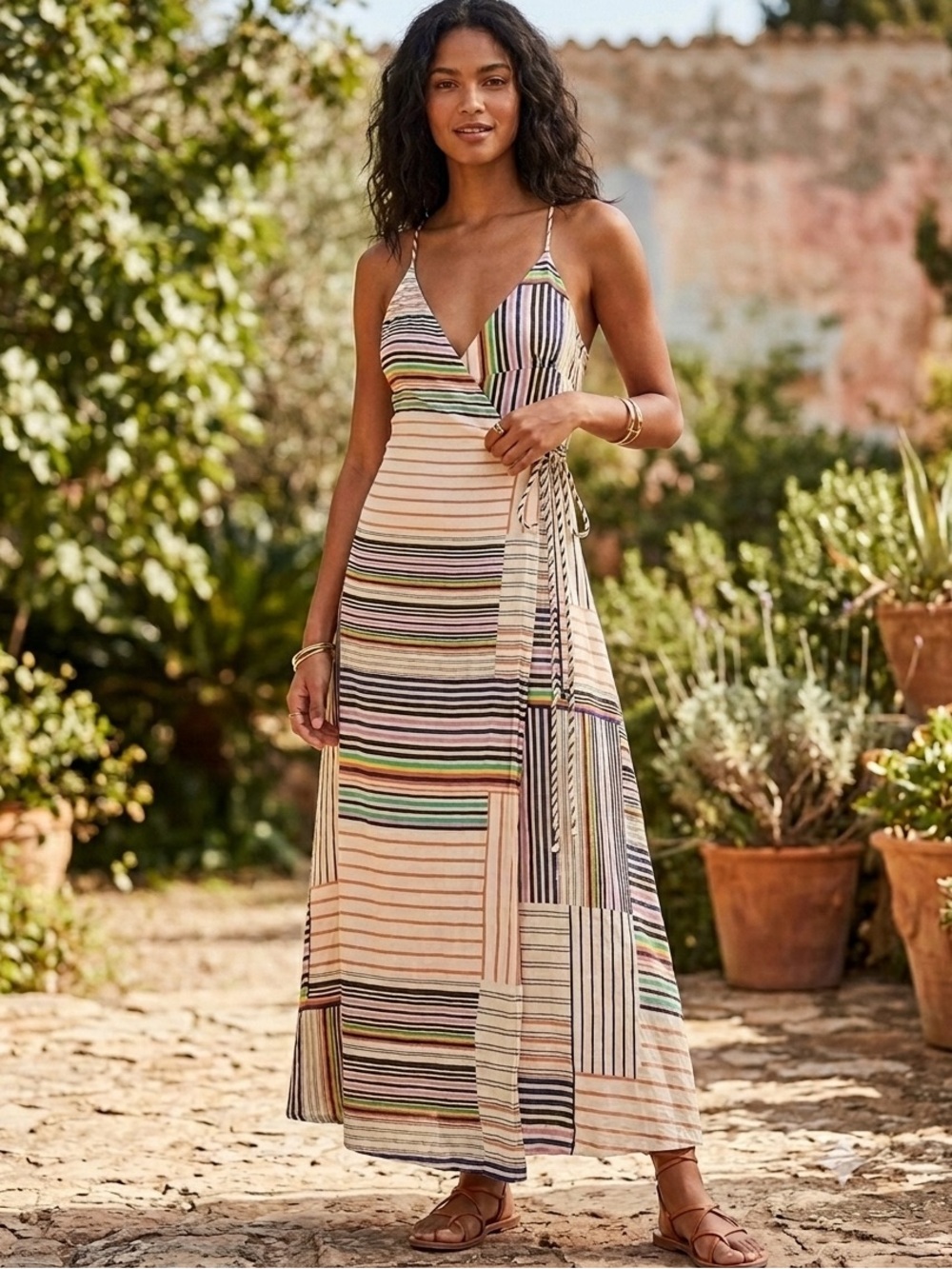 Love Stitch Striped Boho Maxi Wrap Dress Patchwork Festival Small NWT Summer